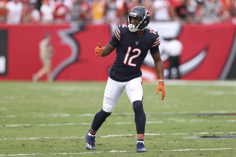 Chicago Bears wide receiver Allen Robinson (12) lines up against the Tampa Bay Buccaneers during the first half Sunday, Oct. 24, 2021, in Tampa, Fla.