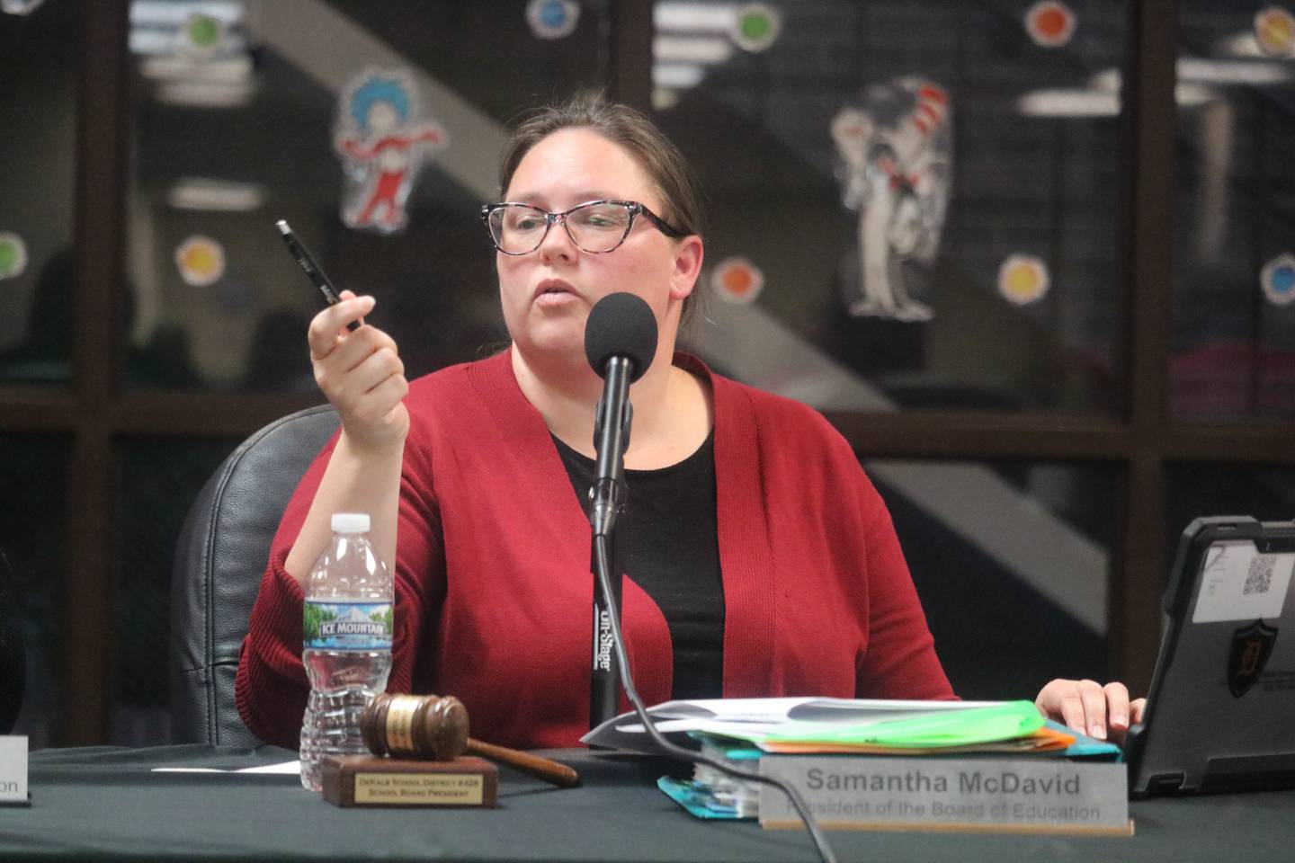 Board President Samantha McDavid speaks at an April 18 meeting of the DeKalb School District 428 Board of Education.