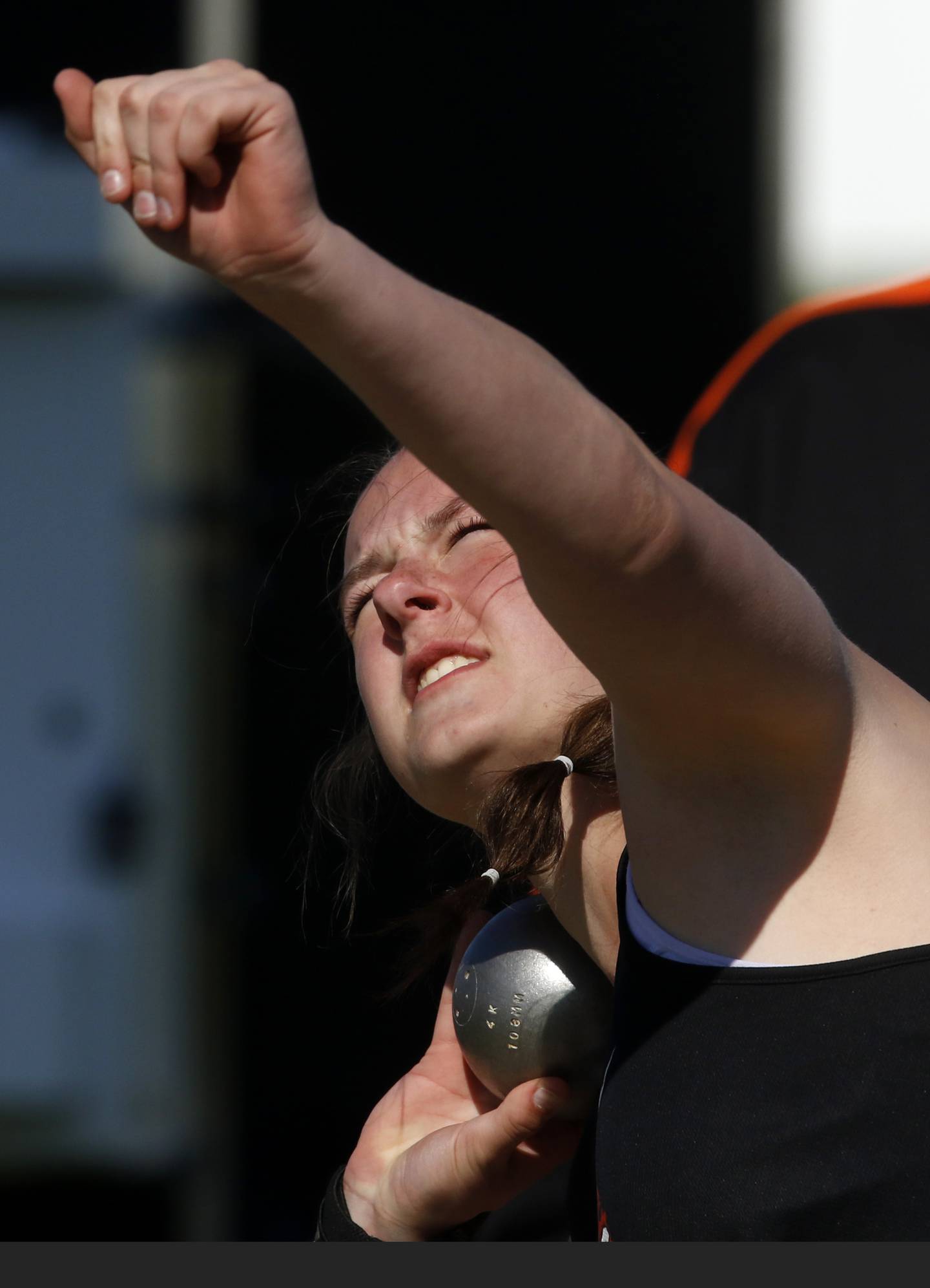 Huntley’s Elena Fetzer throws the shot putt on Thursday, May 8, 2025, during the Fox Valley Conference Girls Track and Field Meet at Huntley High School.