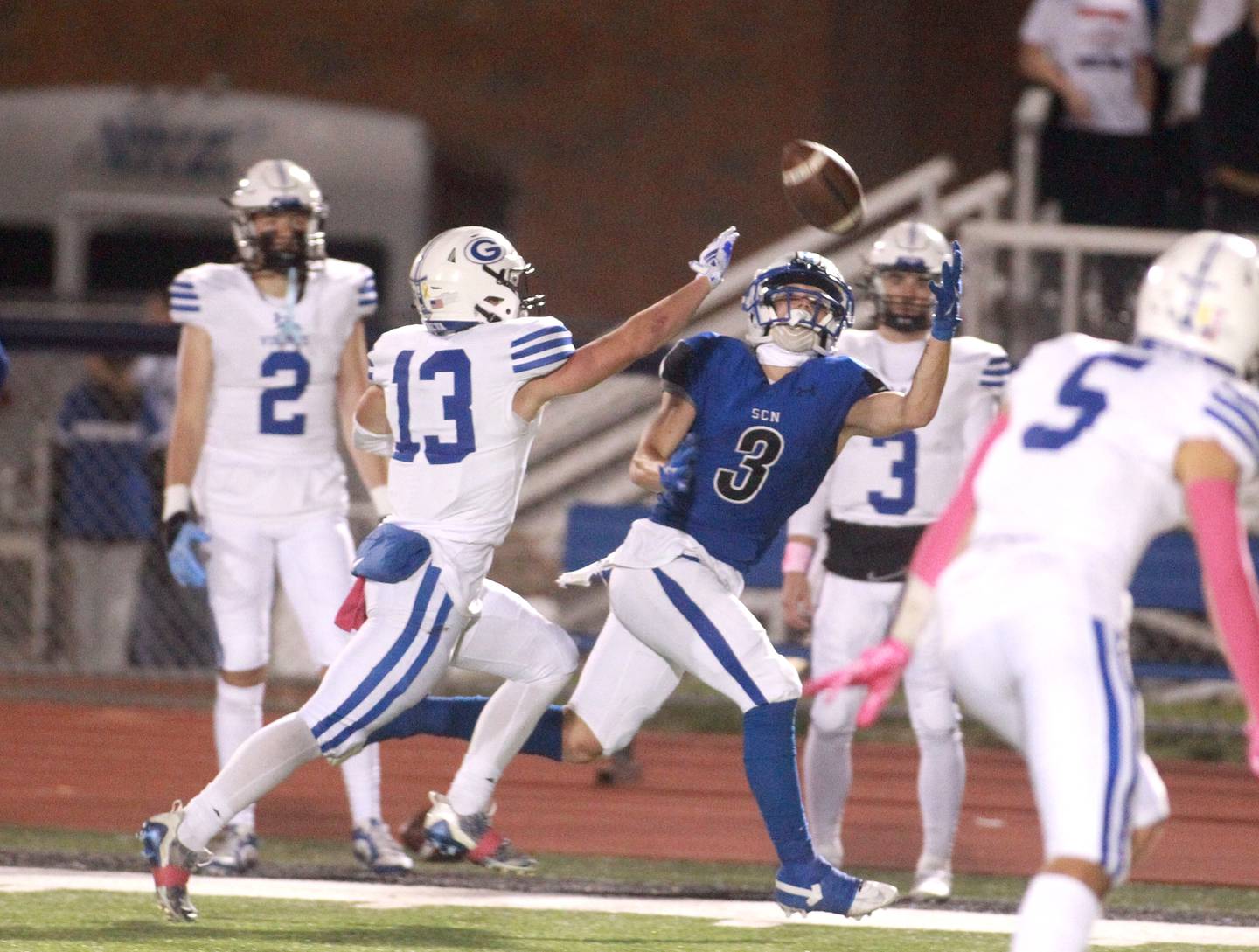 St. Charles North’s Jake Mettetal makes a catch during a game against Geneva in St. Charles on Friday, Oct. 20, 2023.