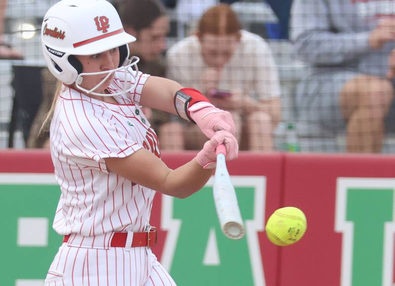 L-P's Sophie Pyszka gets a hit against Morton on Friday, March 20, 2026 at the L-P Athletic Complex in La Salle.