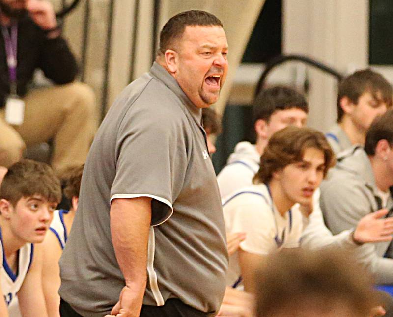 Princeton boys basketball head coach Jason Smith coaches his team during the Colmone Classic on Tuesday, Dec. 6, 2022 at Hall High School in Spring Valley.