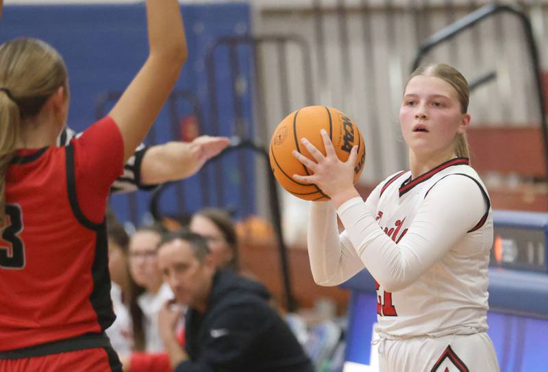Hall's Ava Delphi looks to pass during the Tiger Girls Basketball Holiday Tournament on Tuesday, Nov. 18, 2025 at Princeton High School.