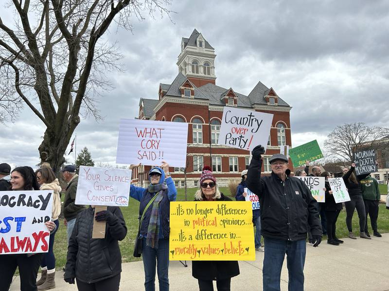 Around 400 people took part in the Hands Off rally held around the historic Ogle County Courthouse in Oregon on Saturday, April 5, 2025. Similar events were held across the United States for people wanting to speak out about recent actions and decisions by President Donald Trump. The event in Ogle County was organized by Indivisible of Ogle County.