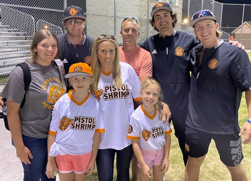 Mike Bird (back row, second from left) and his family pose with Illinois Valley Pistol Shrimp players (back from left) Miek Young, Drake Frize and Will Worthington. Front row (from left) Bird's daughters Marley and Charley. Middle row: Bird's niece, Kennedi Salz and his wife, Nikki Hoffman. The family will be hosting three more Pistol Shrimp players this summer.