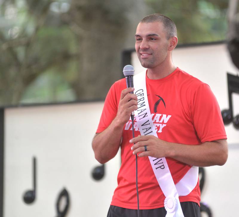 2023 German Valley Days Most Valuable Person, Jared Krusey, speaks to the crowd during the festival on Saturday, July 15, 2023.
