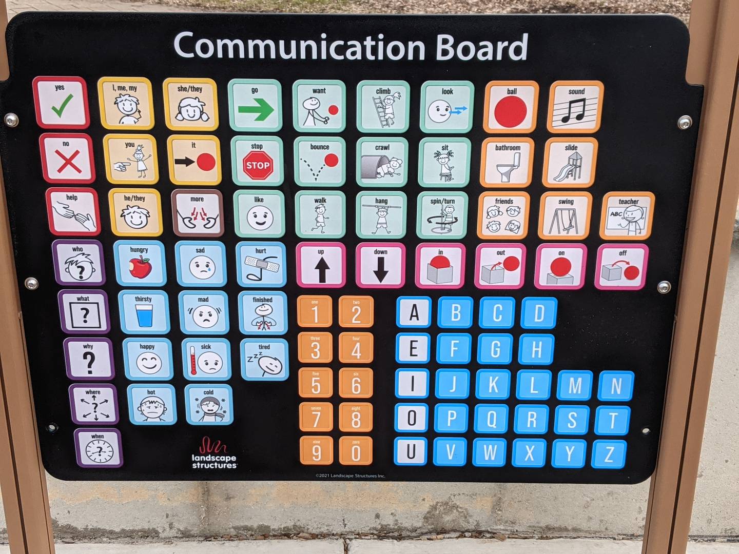 A communication board for non-verbal children was recently installed at the Oswegoland Park District's Hudson Crossing Park in downtown Oswego.