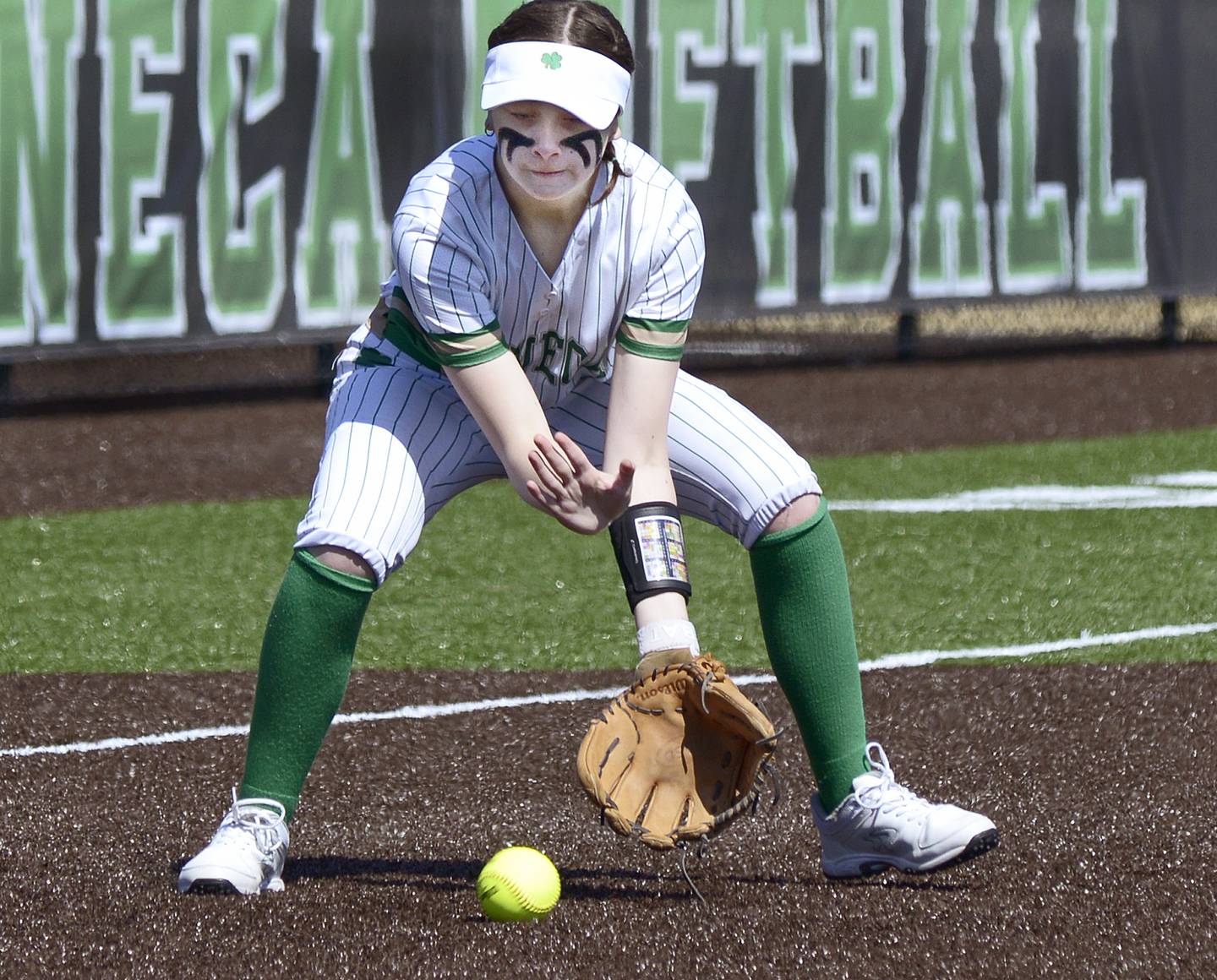 Seneca’s Kaylee Klinker sets to field a ground ball against Serena in a game earlier this season at Seneca.