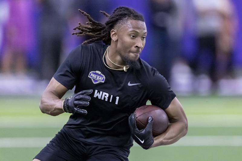 TCU wide receiver Quentin Johnston carries a pass during the school's NFL Pro Day, Thursday, March 30, 2023, in Fort Worth, Texas.