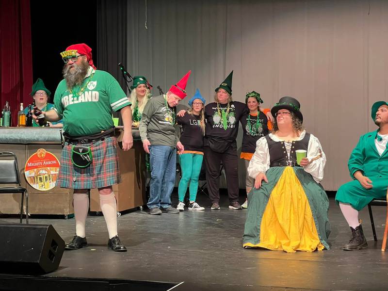 Joliet’s favorite gnomes and leprechauns return to the stage Friday and Saturday night to drink a few beers and throw a few taunts for an age 18 and up "blue comedy" show at the Billie Limacher Bicentennial Park Theatre in Joliet. Pictured, from left, areCarol Harris, Roger McReynolds, Rachel Gale, Tom Novotny, Maria Fischer, Carrie Lee, Anne Ward, Heidi McReynolds and Oscar Martinez.