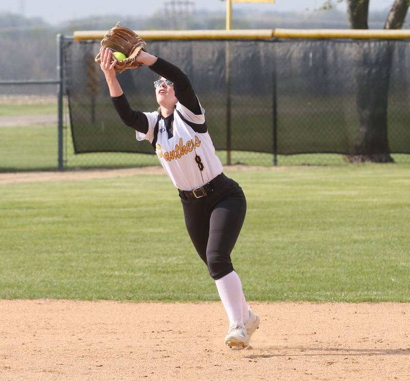 Putnam County's Gabby Doyle makes a catch at short stop on Tuesday, April 25, 2023 at Putnam County High School.