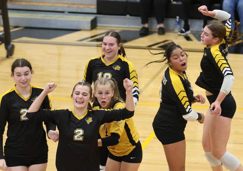 Putnam County volleyball players react after defeating Orion in the first set during the Class 1A Regional final on Thursday, Oct. 30, 2025 at Putnam County High School.