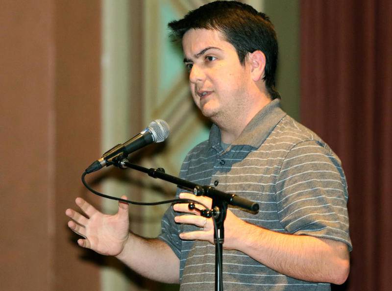 Mark Pietrowski Jr., DeKalb County Board chairman, speaks Monday during one of two public hearings held at the Egyptian Theater in DeKalb.