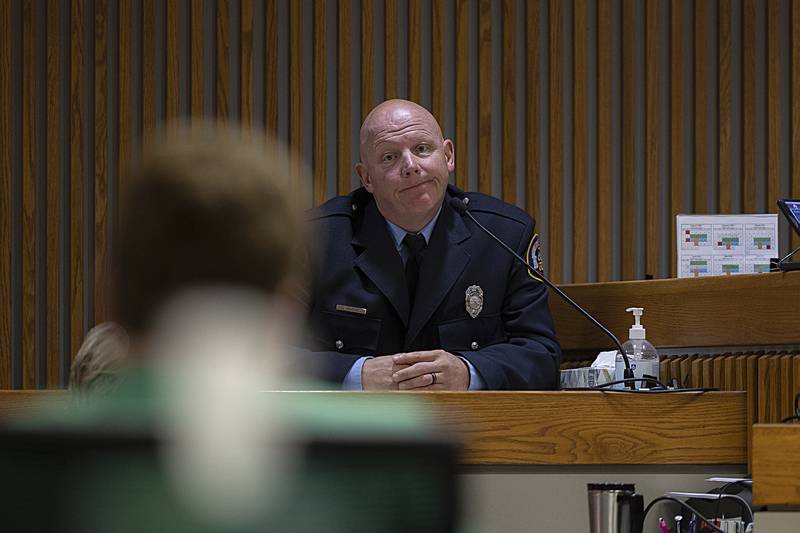 Dixon firefighter George Markel takes the stand Tuesday, July 16, 2024, in the trial of Steven W. Coleman. Markel was injured in a fall while searching the scene.