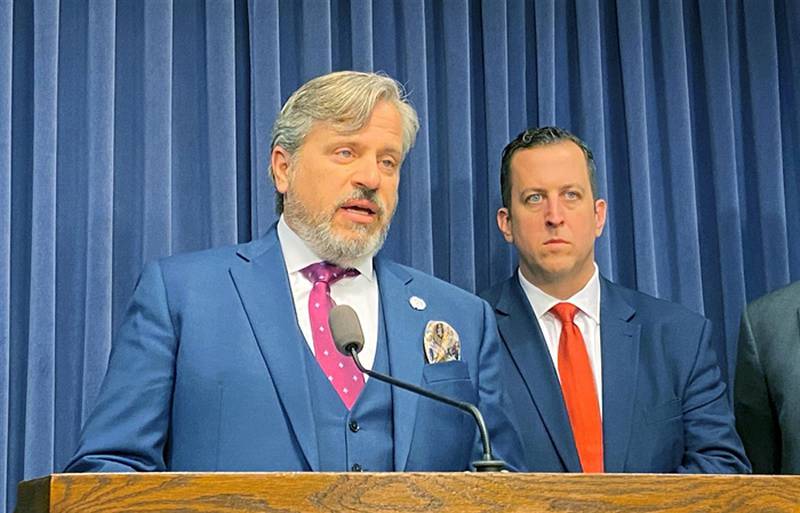 Sen. Robert Martwick, D-Chicago, and Sen. Michael Hastings, D-Frankfort, unveil measures aimed at addressing carjackings at a news conference at the Capitol Tuesday.