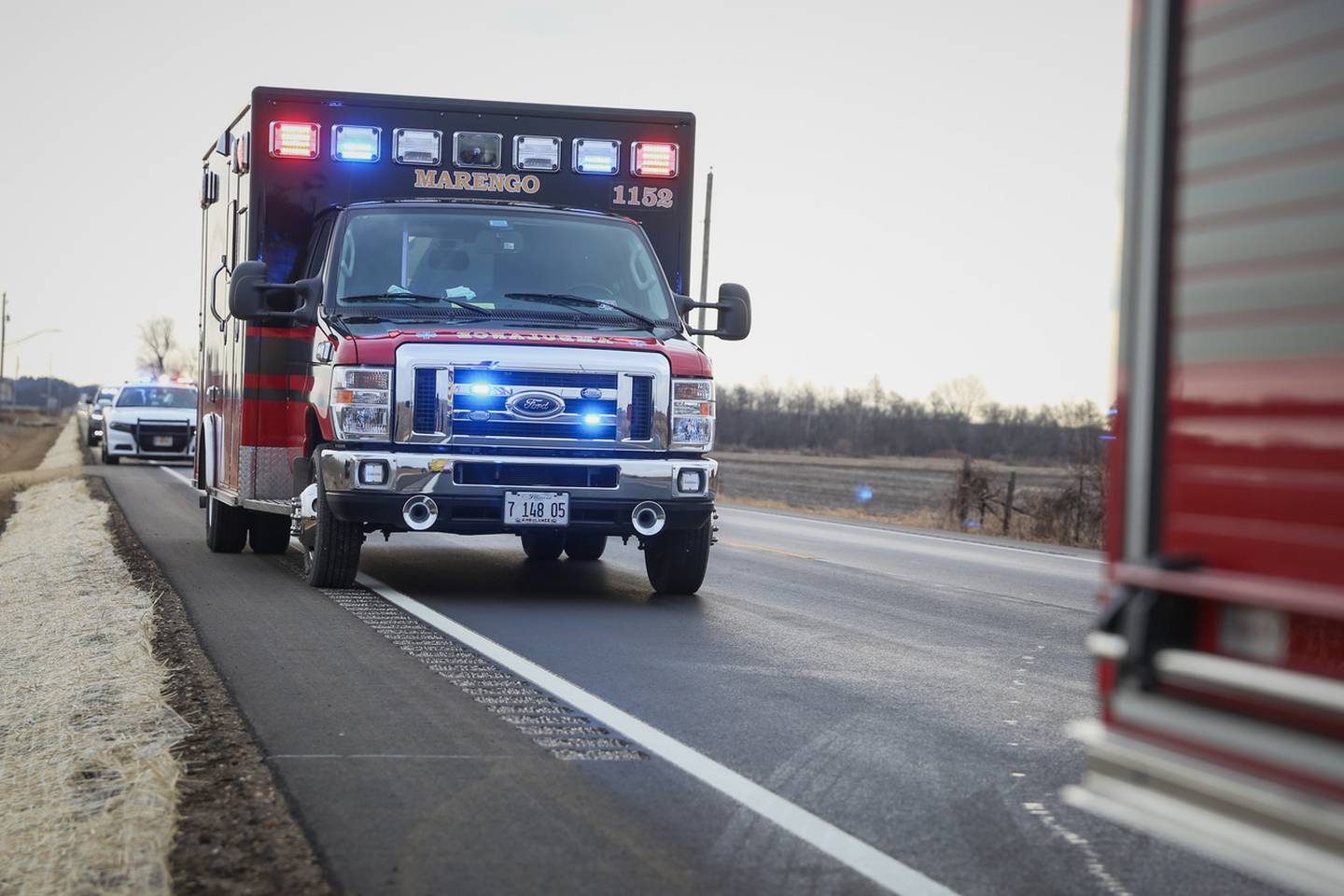 The Marengo Fire & Rescue District responded Thursday Dec. 23, 2021 near the intersection of Kishwaukee Valley Road and Noe Road near Marengo for a single-vehicle rollover crash.