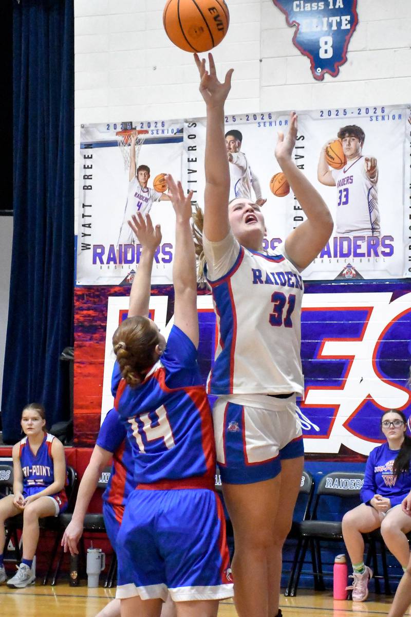 Iroquois West's Phylicity Leonard elevates for a layup during Iroquois West's 35-29 win over Tri-Point in the Iroquois West Holiday Tournament on Wednesday, December 17, 2025.