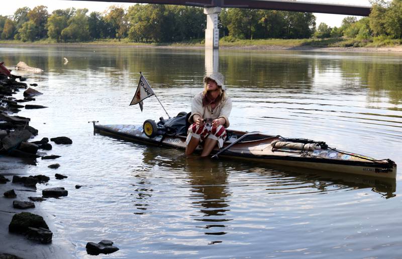 Peter Frank of Escanaba, Michigan, takes a break on his Kayak along the Illinois River at Starved Rock State Park on Thursday, Sept. 11, 2025. Frank left Escanaba, Mich., on June 27, 2024. Frank has logged nearly 450 days and over 4,400 miles while navigating the American Great Loop in reverse.