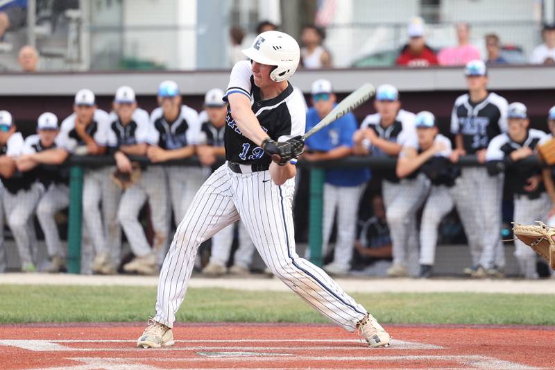 Lincoln-Way East’s John Connors connects for a 2 run triple against Lincoln-Way West in the Class 4A Lockport Sectional semifinal on Thursday, June 1, 2023 in Lockport.