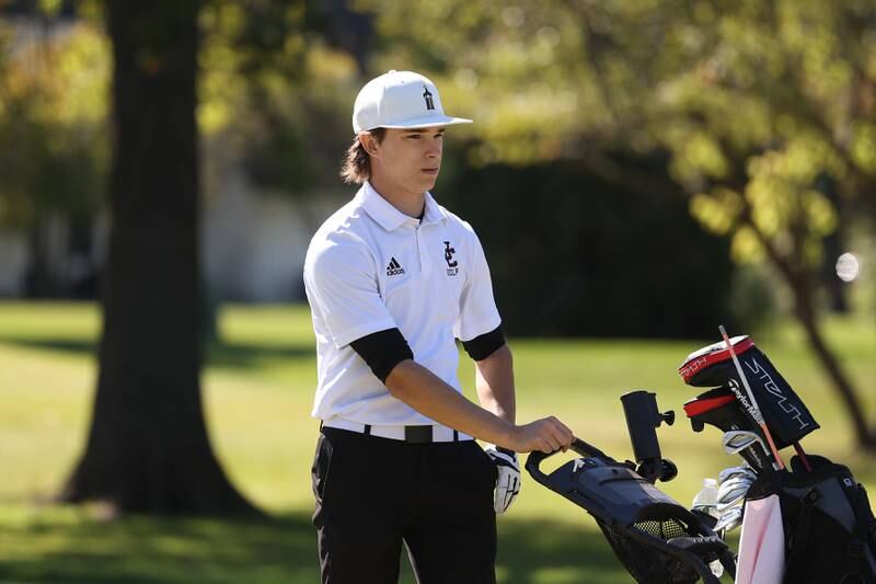 Joliet Catholic’s Mario Gonzalez waits to tee off the fourth hole in the Class 2A Lemont Boys Golf Sectional on Monday, Oct. 7, 2024 at Wedgewood Golf Course in Lemont.