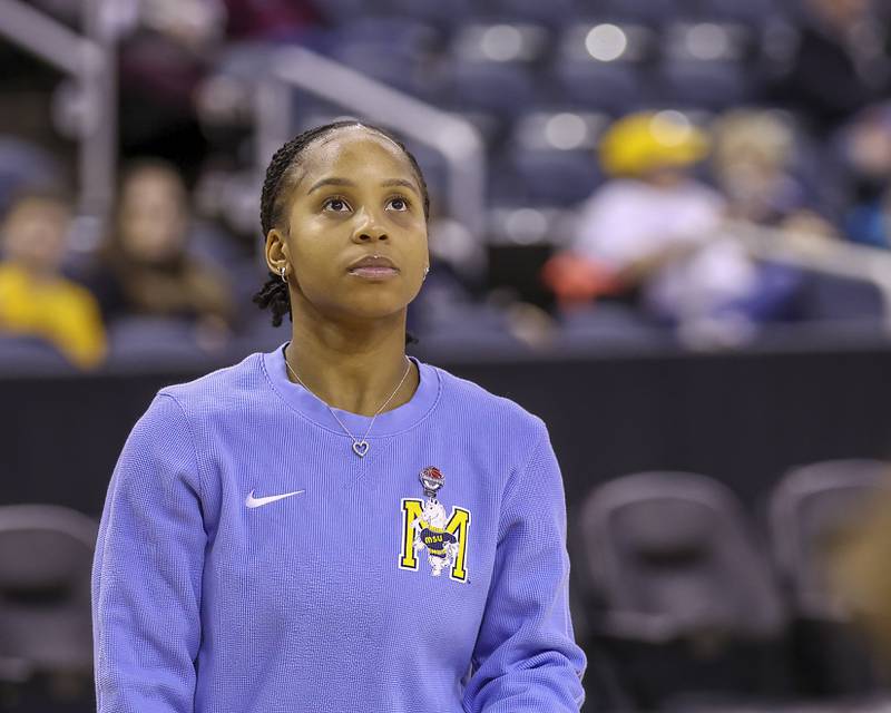 Former Murray State assistant coach Brittney Patrick prepares before a game against Drake. The DeKalb native and Bolingbrook grad joined NIU women's basketball coach Jacey Brook's staff on May 16, 2025.