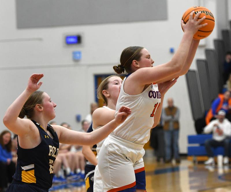 Eastland's Izzy Ames rebounds against Polo on Tuesday, Feb. 10, 2026 at Eastland High School in Lanark.