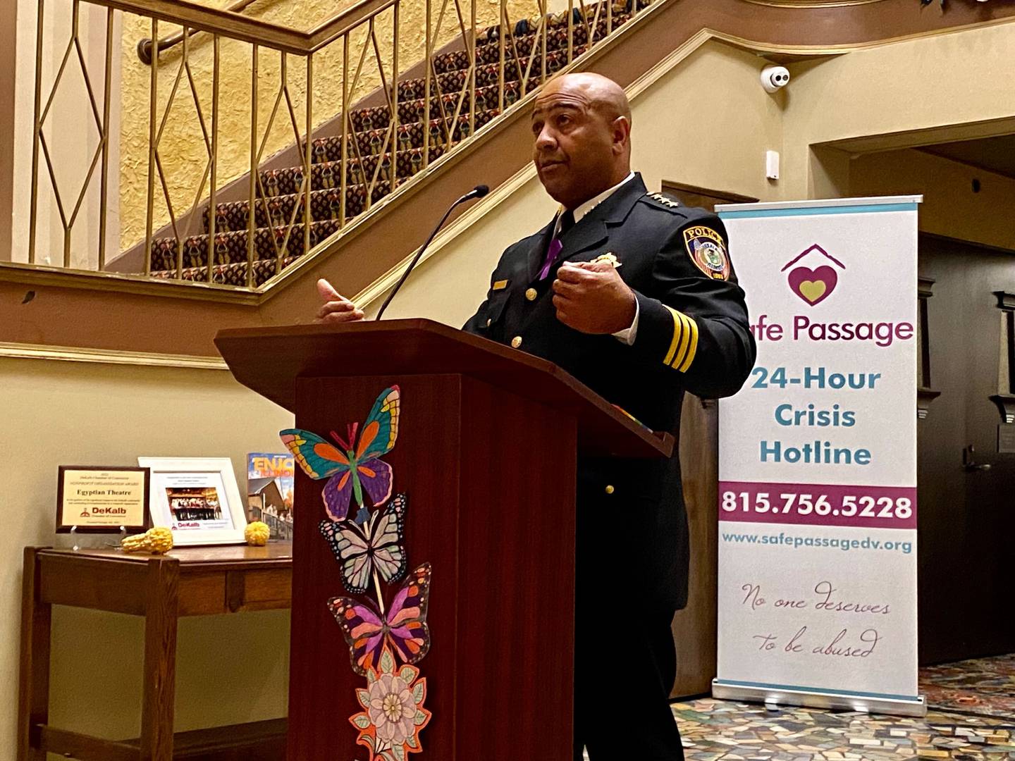 DeKalb Police Chief David Byrd gives remarks at the annual Safe Passage Domestic Violence Candlelight Vigil and Survivor Speak-Out inside the Egyptian Theatre, 135 N. Second St. in downtown DeKalb on Monday, Oct. 2, 2023.