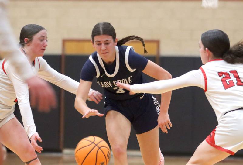 Cary-Grove’s Kennedy Manning moves the ball through traffic in varsity girls basketball on Monday, Feb. 2, 2026, at Huntley High School in Huntley.