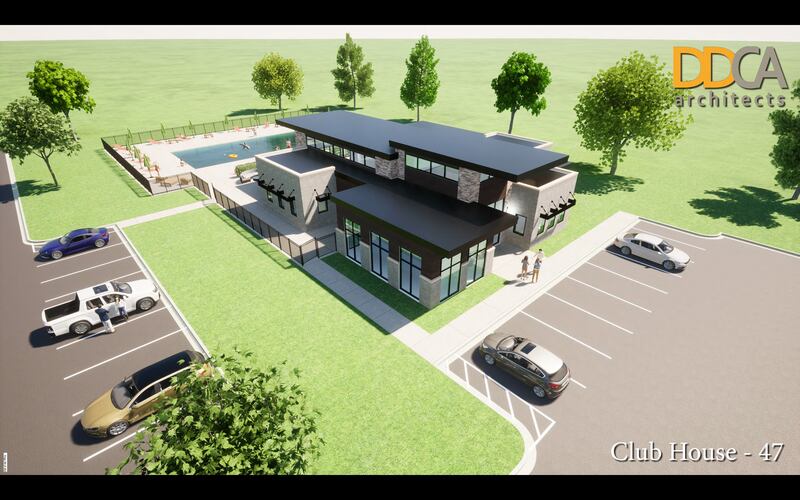 Renderings show a proposed clubhouse and pool for a development with residential, commercial and a hotel pitched for Route 47 and Powers Road in Huntley.