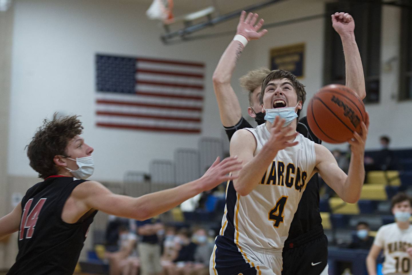 Polo's Brock Soltow drives the lane against Amboy on Wednesday, Jan. 26, 2022.