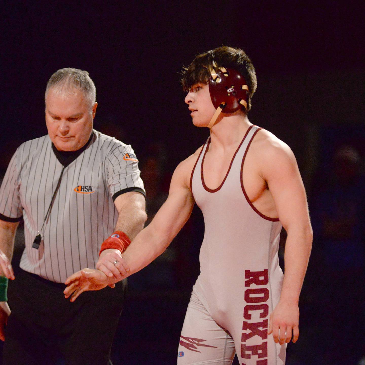 Richmond Burton’s Emmett Nelson (right) won his match over Lena-Winslow’s Arrison Bauer at 144 pounds in the finals at the 1A Oregon Regional on Saturday, Feb. 15, 2025.