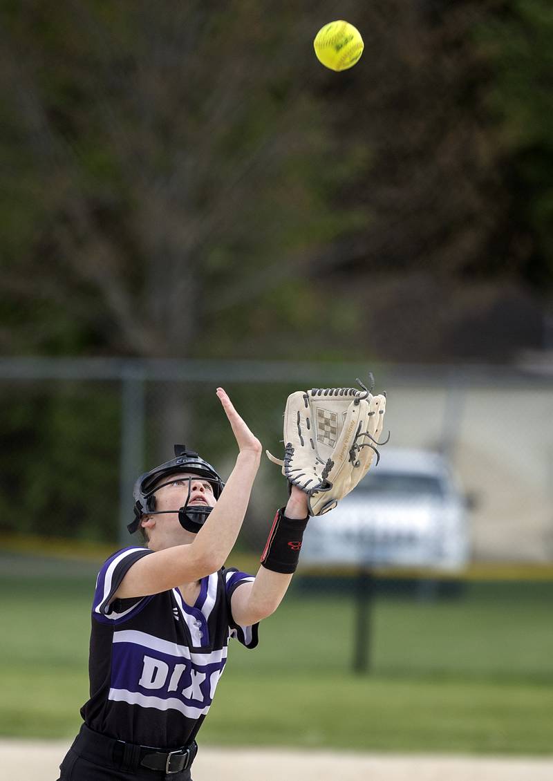 Dixon’s Kinley Rogers camps under a pop-up against Rock Falls Thursday, May 7, 2026.