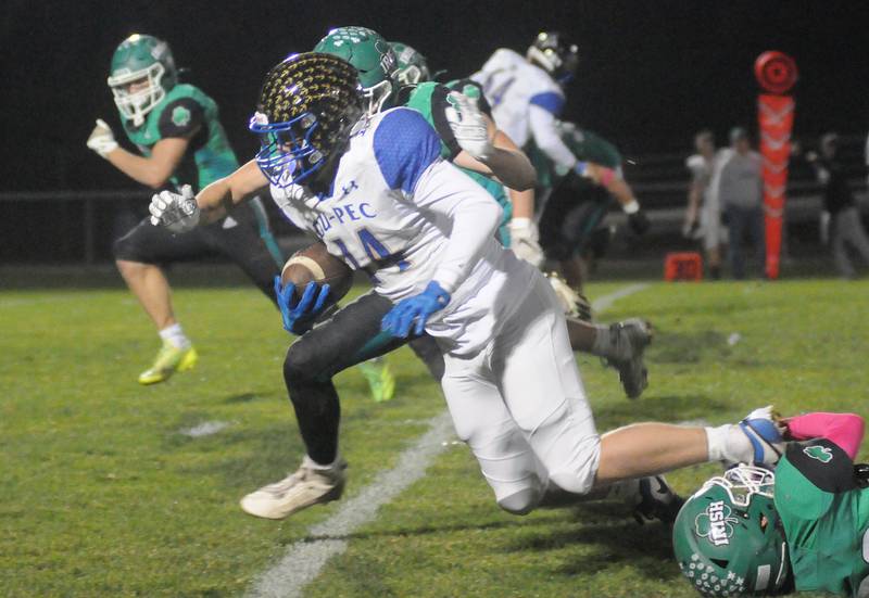 Seneca's Brayden Simek tackles Dupec's Brody Black on Friday, Oct. 24, 2024.