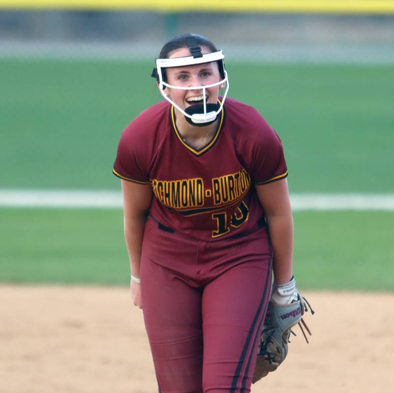 Richmond-Burton’s Hailey Holtz celebrates the final out against Marengo in varsity softball on Tuesday, April 22, 2025, at Marengo High School in Marengo.