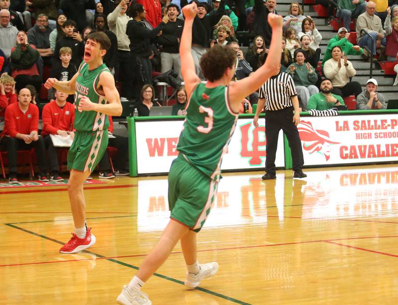 L-P's Nick Olivero reacts with Mikey Hartman after winning the Class 3A Regional title against Streator on Friday, Feb. 28, 2025 in Sellett Gymnasium at L-P High School.
