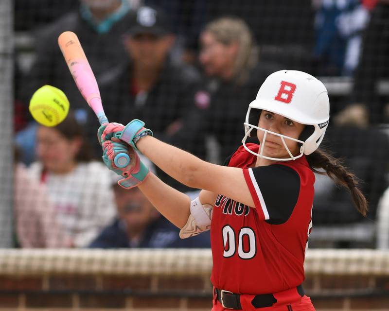 Benet Academy's Abbie Brdecka (00) makes contact with the ball during the regional final game against Oswego on Friday May 22, 2026, where the game was played at Oswego High School.