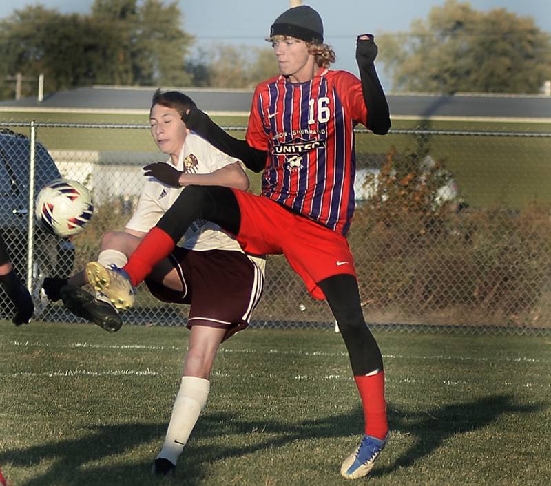 Orion’s Griffin Marshall gets a kick past Morris’s Chris Ochoa in the Class 2A boys soccer Regional on Tuesday, Oct. 18, 2022 at the La Salle-Peru Athletic Complex in La Salle.