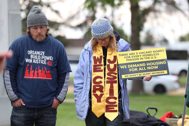 Protesters gather during the May Day Strong rally at the Kankakee County Courthouse on May 1, 2026, as part of a national day of action.