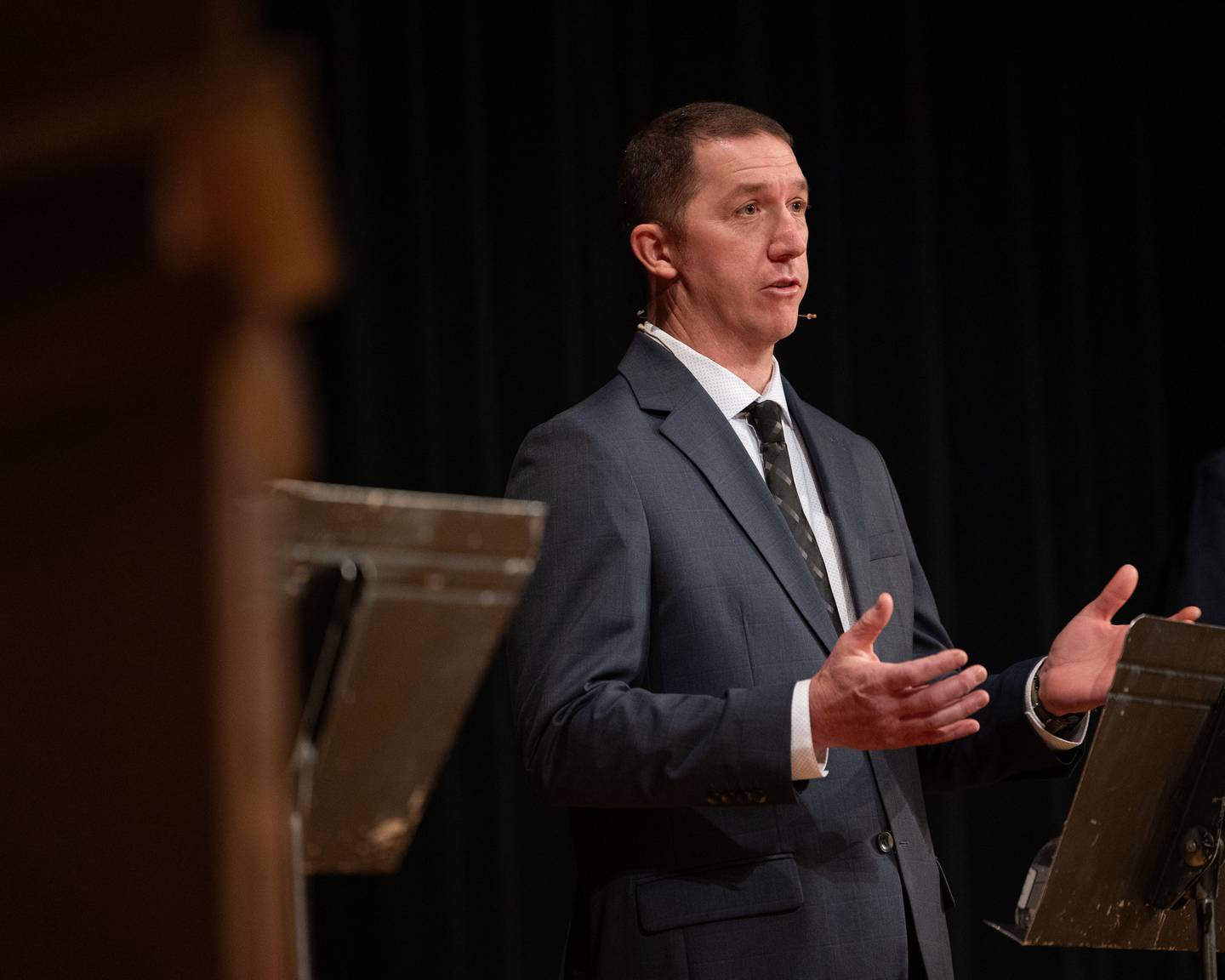 Candidate for Bureau County Sheriff, Joseph Flanagan answers question at the Bureau County Sheriff Forum on Tuesday, March 3, 2026 at Princeton High School's Auditorium.
