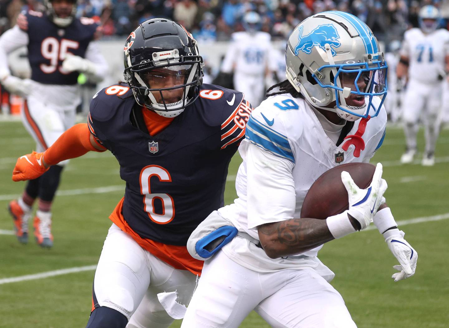 Detroit Lions wide receiver Jameson Williams gets by Chicago Bears cornerback Kyler Gordon during their game Sunday, Dec. 22, 2024, at Soldier Field in Chicago.