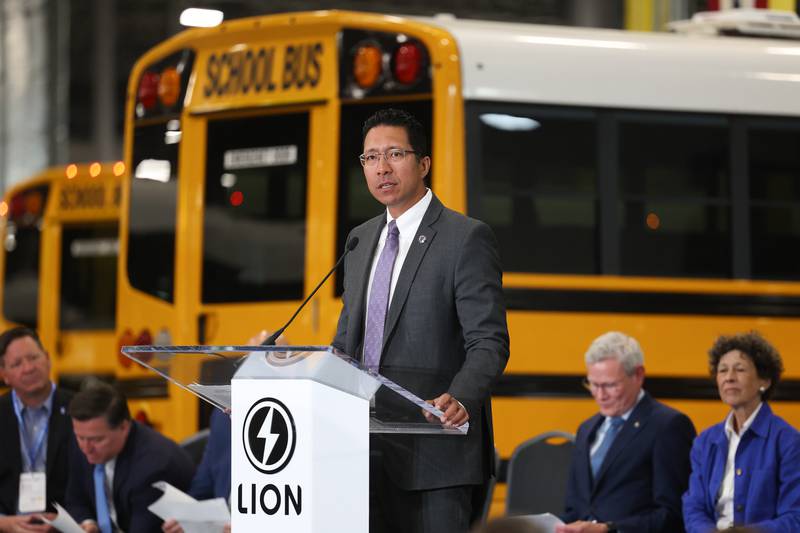 Clyne Namuo, President of Joliet Junior College, speaks at the grand opening of the Lion Electric manufacturing facility on Friday, July 21st, 2023 in Joliet.
