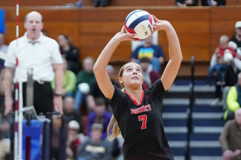 Benet’s Audrey Asleson (7) sets the ball during a Class 4A West Aurora Sectional semifinal volleyball match against Wheaton Warrenville South at West Aurora High School on Tuesday, Nov. 5, 2024.