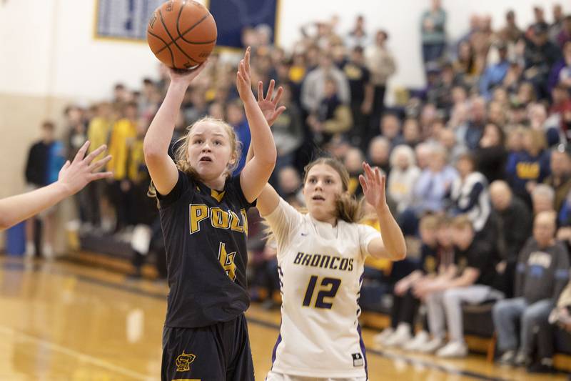 Polo’s Camrynn Jones puts up a shot Tuesday, Feb. 21, 2023 in the sectional semifinal against Orangeville.