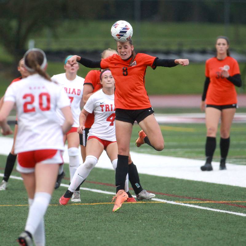 Crystal Lake Central’s Peyton McMahon heads the ball during the Class 2A state championship game against Triad at North Central College in Naperville on Saturday, June 1, 2024.