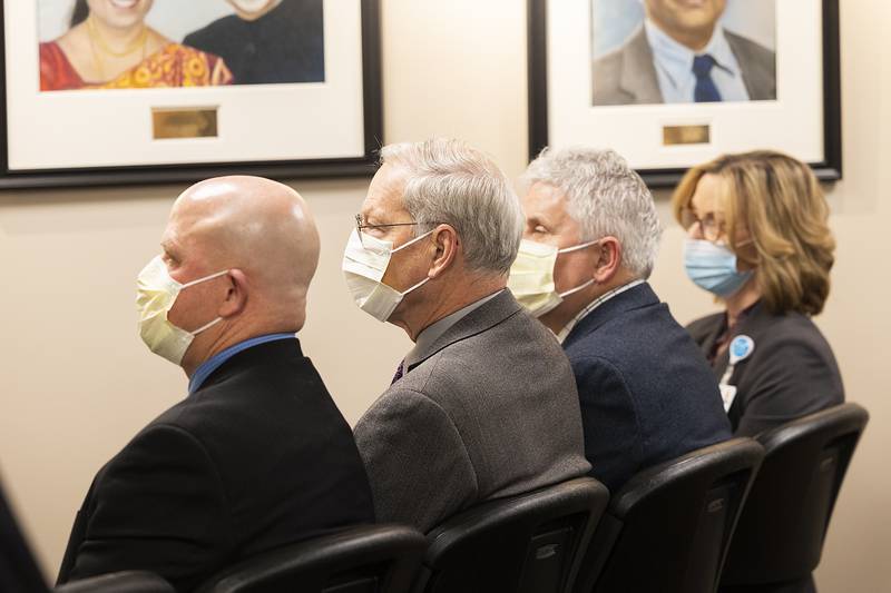 Former KSB President/CEO David Schriner (left), Dixon mayor Glen Hughes, KSB/OSF board president David Hellmich and President of OSF Saint Katharine Jackie Kernan wait to speak Tuesday, Jan. 7, 2025, during the blessing of the new OSF HealthCare Saint Katharine Medical Center.