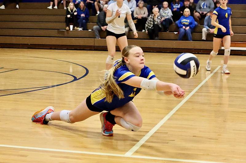 Princeton Logan's Emily Jaeger makes a pass in Saturday's  IESA 3A regional match at Pannebaker Gym.
