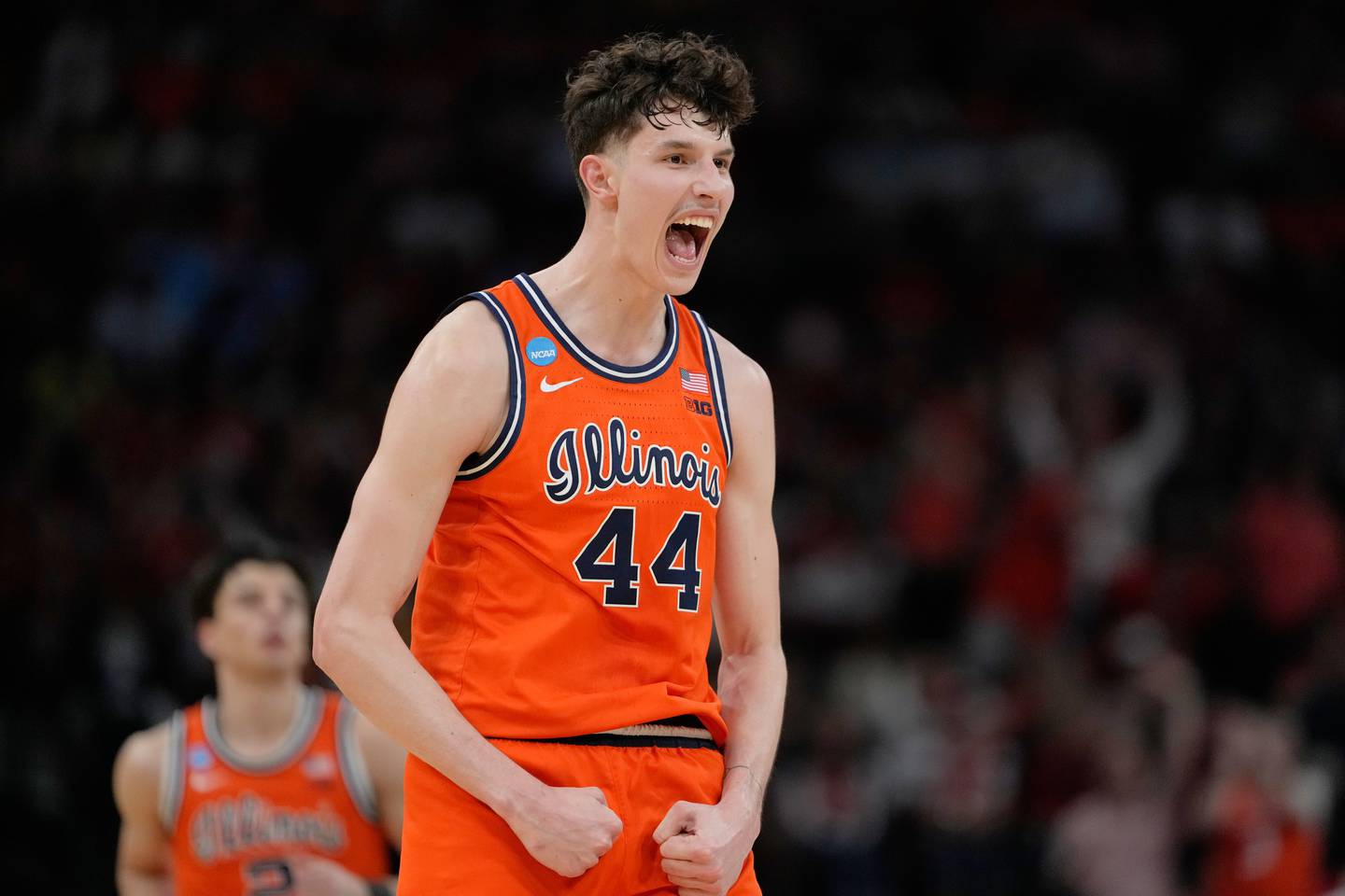 Illinois center Zvonimir Ivisic (44) reacts during the first half against Houston in the Sweet 16 of the NCAA college basketball tournament Thursday, March 26, 2026, in Houston. (AP Photo/Ashley Landis)