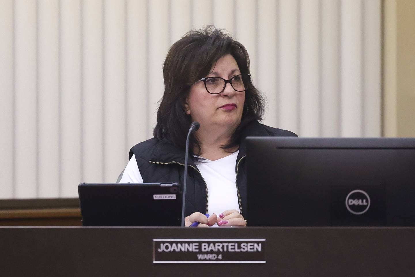 Alderwoman Joanne Bartelsen, 4th Ward, listens to speaker at the Lockport City Council meeting on Wednesday, Feb. 7th 2024 in Lockport.