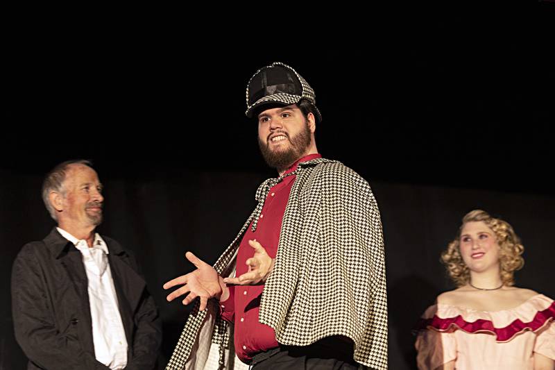 Playing the part of Sherlock Holmes, Brayden Rodriguez rehearses a scene Wednesday, Nov. 29, 2023 for Polo Area Community Theater’s rendition of “The Game’s Afoot.” The show will be performed Dec 1 and 2 at 7pm and Dec. 3 at 2pm.