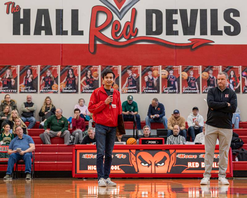 Al Baldonado speaks as he's inducted into the 2026 Hall High School Hall of Fame on Saturday, January 31, 2026 at Hall High School in Spring Valley.
